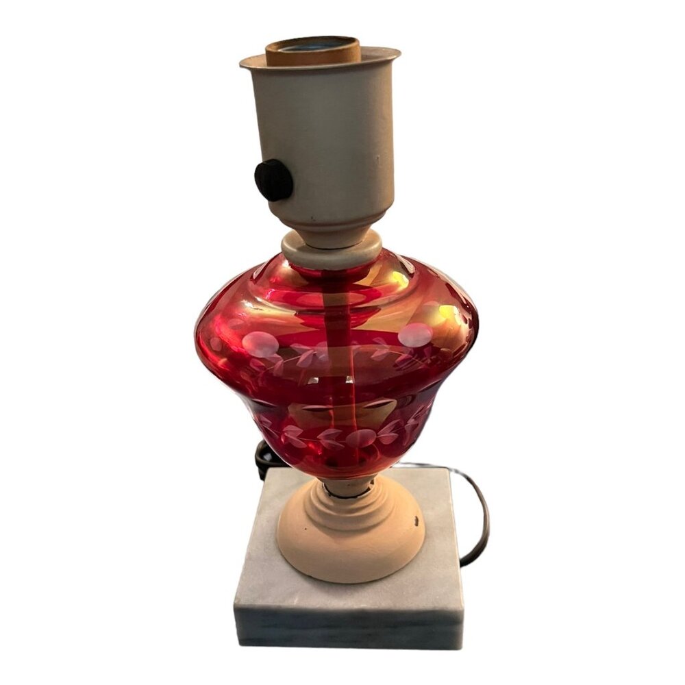 Vintage Red Glass Accent Table Lamp With White Floral Etching & Marble Base 9" T - Picture 8 of 11
